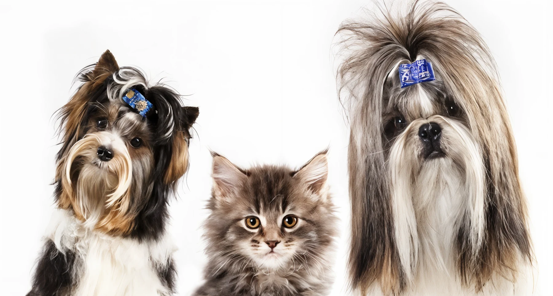 A Yorkshire terrier, a long-haired kitten, and a shih tzu — three of BoneJour's regular clients, freshly groomed.
