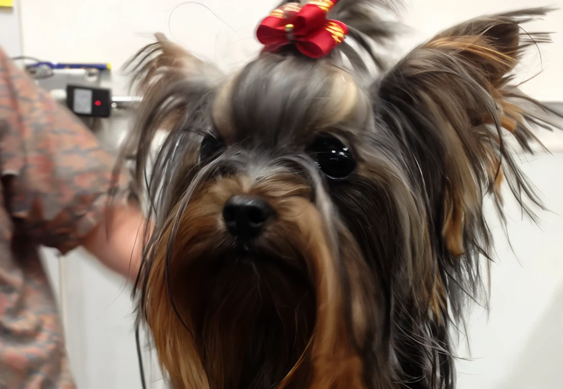 Yorkshire terrier with a red holiday bow, freshly groomed at BoneJour.